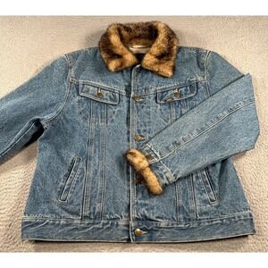 Vintage Lee Jacket Mens Blue Denim Faux Fur Collar Made‎ Hong Kong 90s
